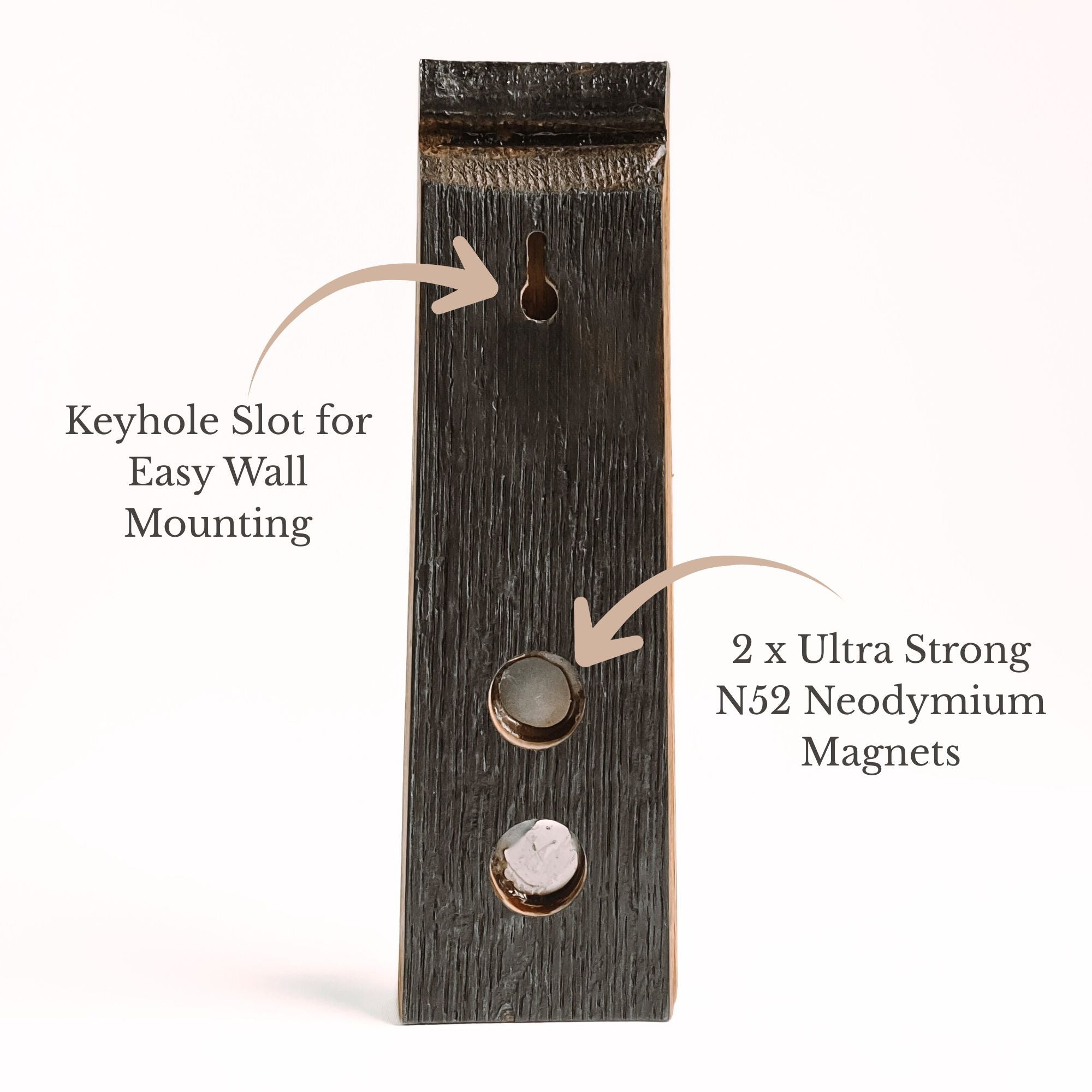 Wall-mounted Barrel Stave bottle opener, back view showing keyhole mounting slot and 2 neodymium magnets