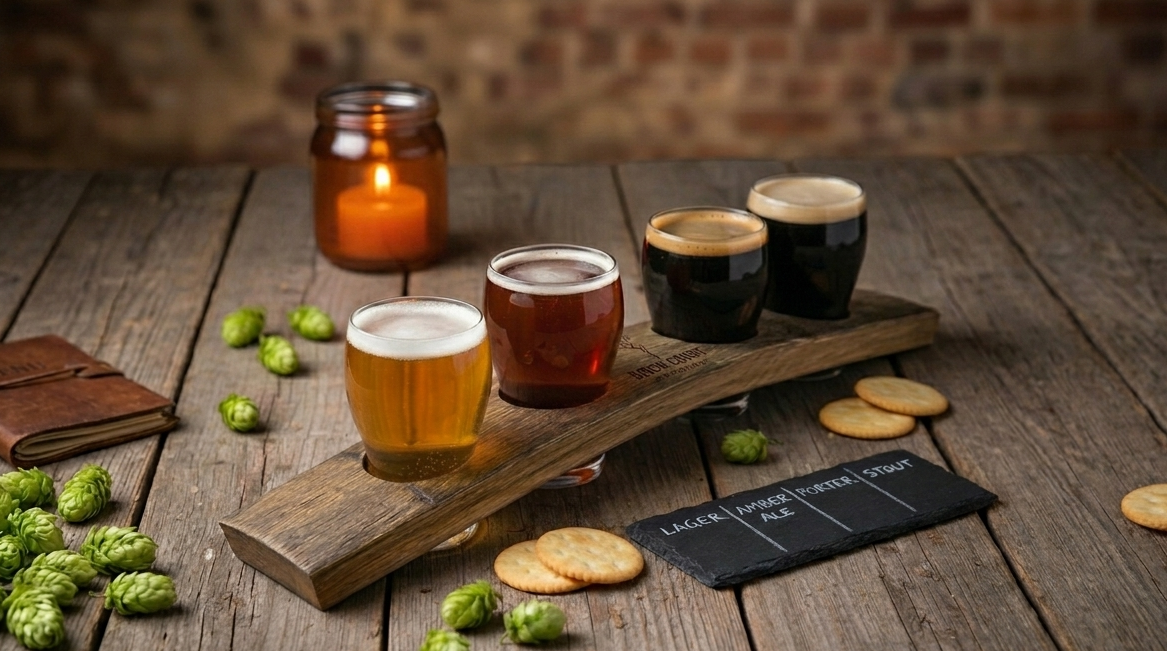 Craft Beer Tasting - a flight board filled with 4 beers on a wooden table surrounded by hops and crackers