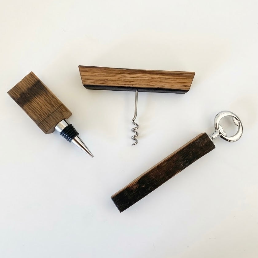 Barrel Stave Bar Tool Trio Gift Set — Bottle Opener, Corkscrew & Stopper