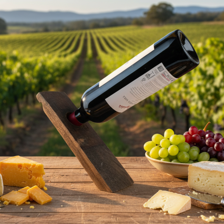 Barrel Stave floating wine bottle on a wooden table with grapes and cheese in a vineyard setting