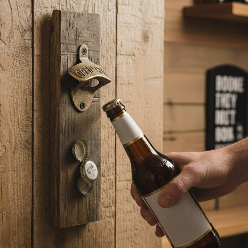 Hand using a beer bottle to open a cap on a wooden wall-mounted bottle opener.
