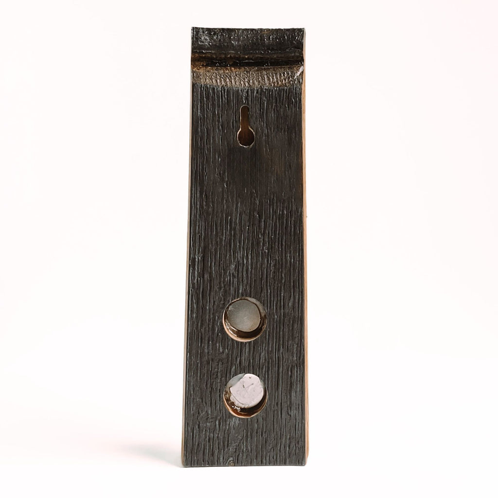 Wall-mounted Barrel Stave bottle opener, back view showing charred timber.