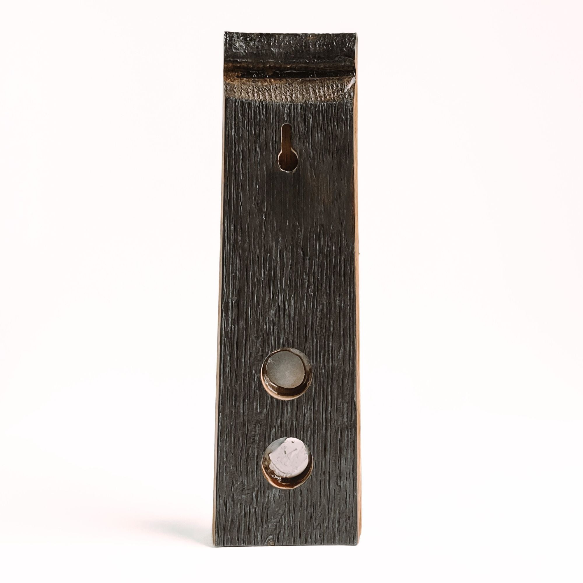 Wall-mounted Barrel Stave bottle opener, back view showing charred timber.