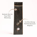 Wall-mounted Barrel Stave bottle opener, back view showing keyhole mounting slot and 2 neodymium magnets