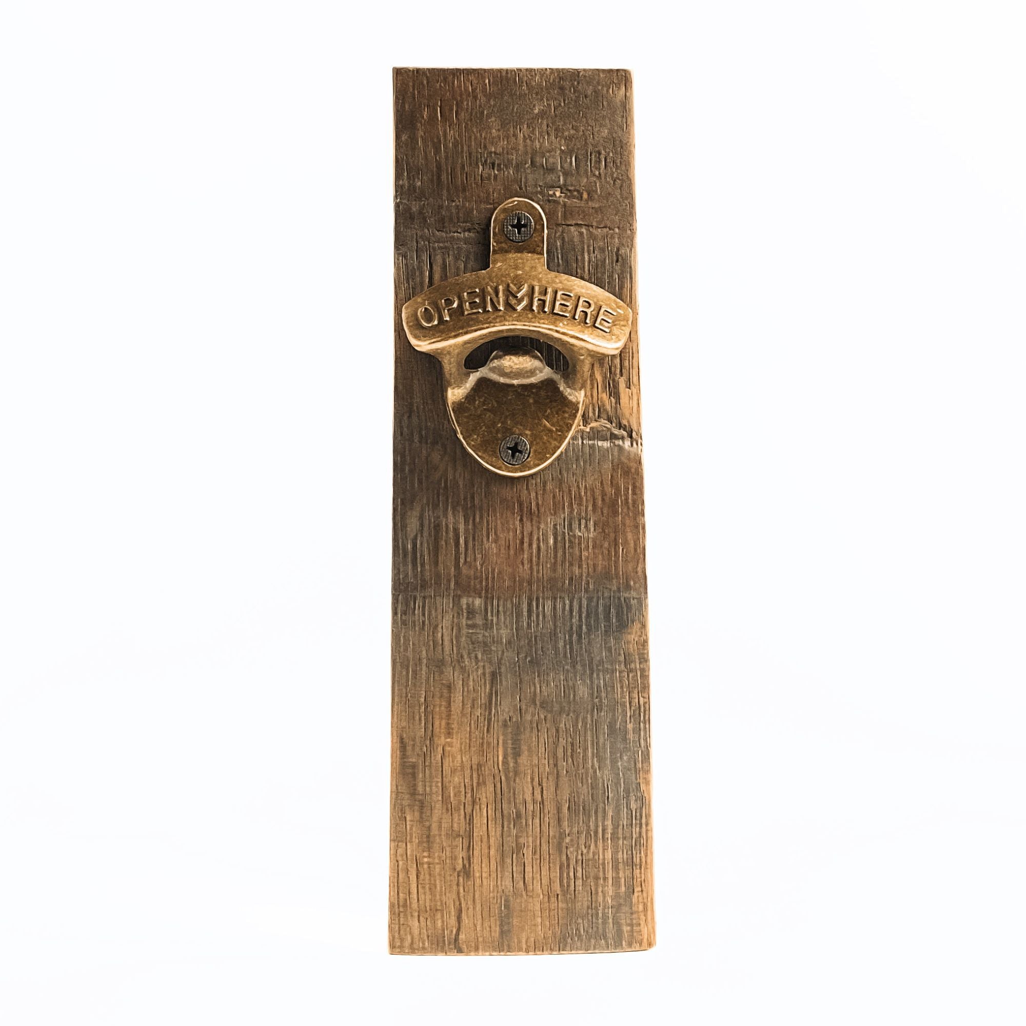 Wall-mounted Barrel Stave bottle opener, front view with bronze hardware.