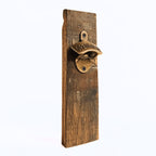 Wall mounted Barrel Stave bottle opener, 3/4 view showing right side profile.