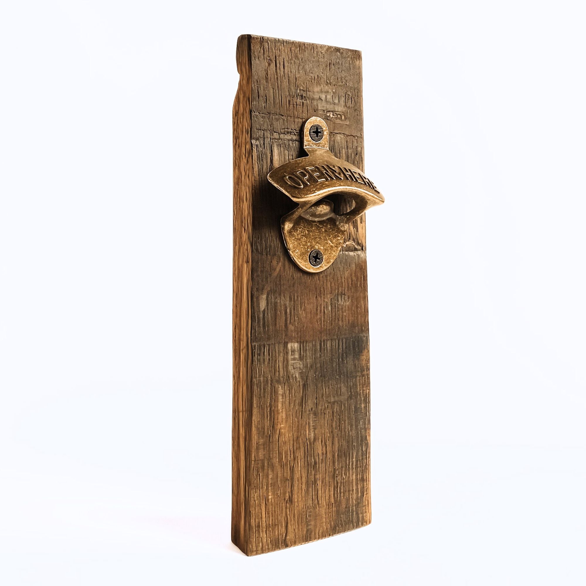 Wall mounted Barrel Stave bottle opener, 3/4 view showing right side profile.