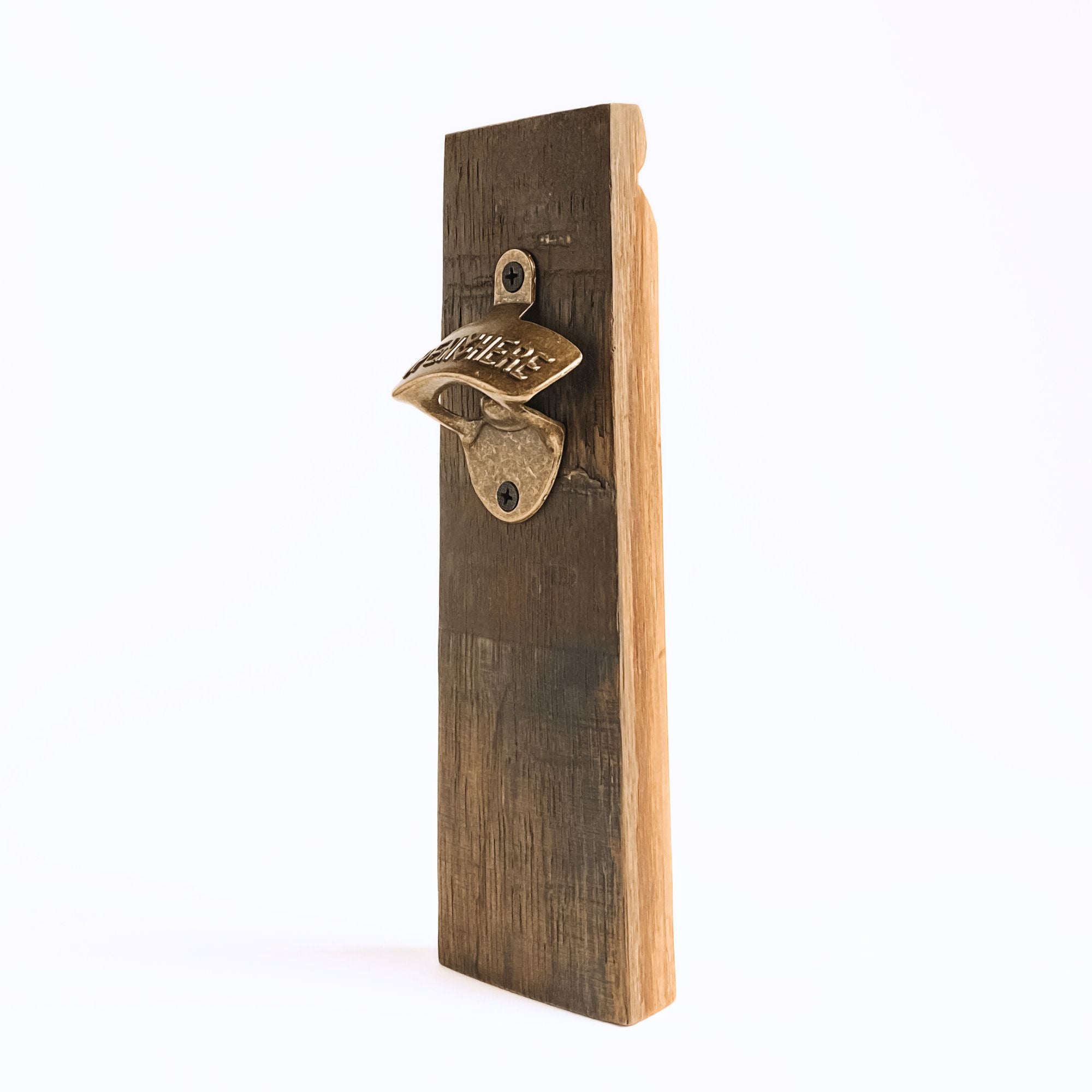 Wall mounted Barrel Stave bottle opener, 3/4 view showing left side profile.
