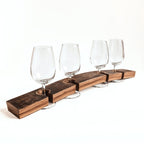 Barrel Stave wine flight tasting board with 4 wine glasses