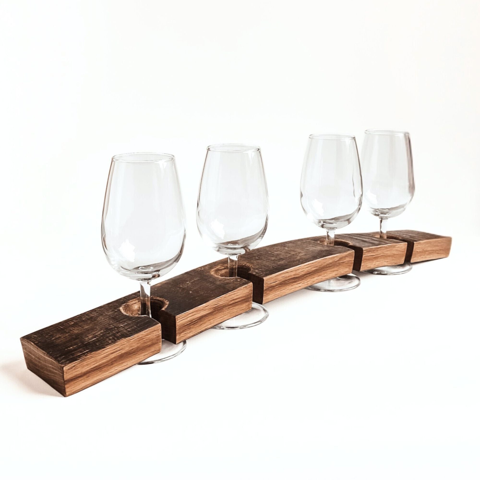 Barrel Stave wine flight tasting board with 4 wine glasses