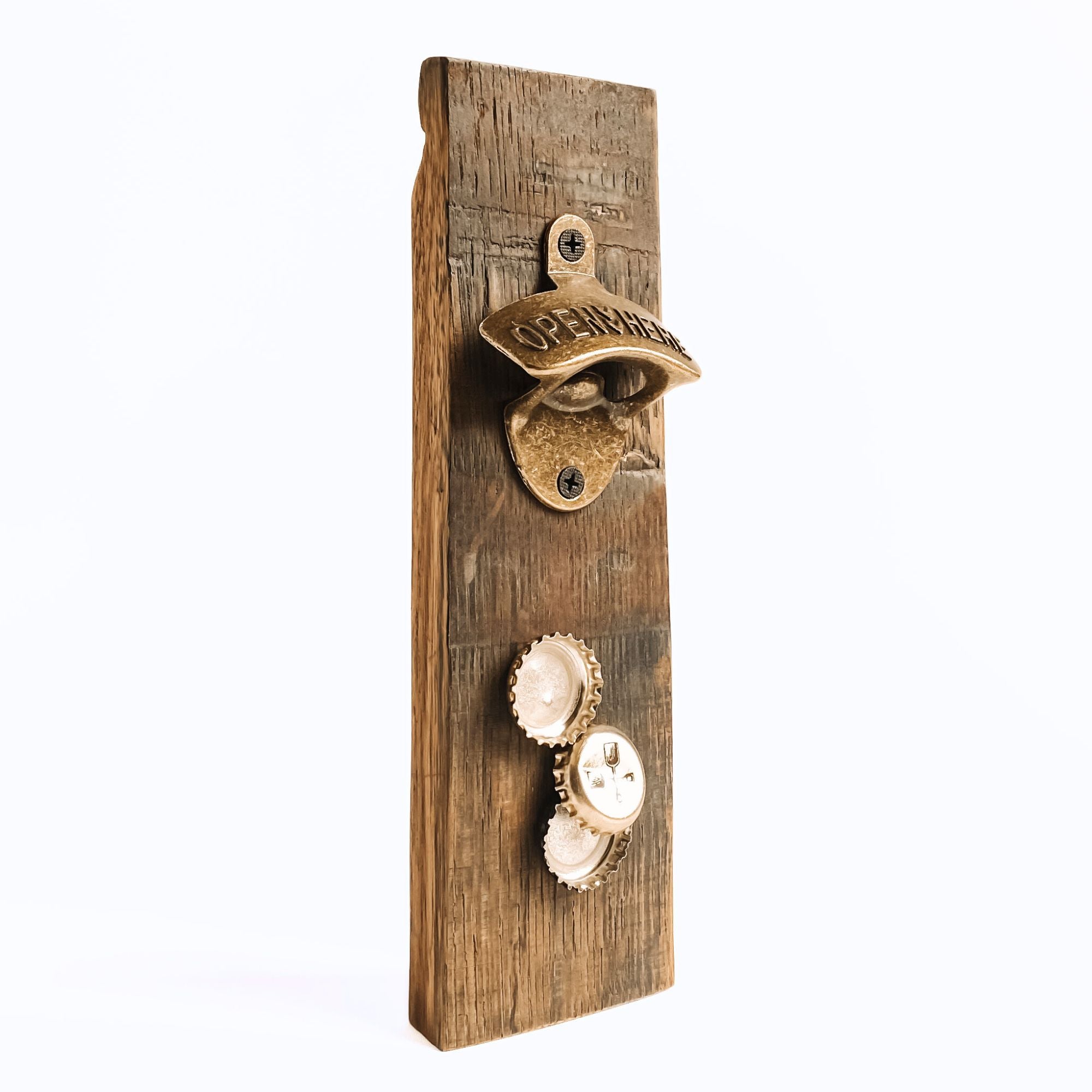 Wall-mounted Barrel Stave bottle opener with magnetic cap catcher