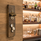 Wooden wall-mounted bottle opener with magnetic cap catcher  in a home bar setting