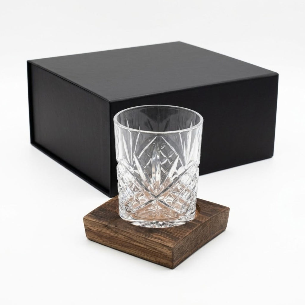Barrel stave coaster and rocks glass gift set, unboxed