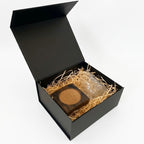 Barrel stave coaster and rocks glass gift set in a black gift box