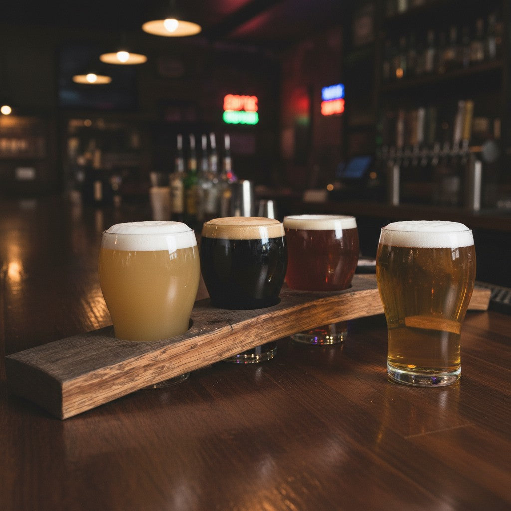 Barrel stave beer flight with 4 glasses of various beers in a bar setting