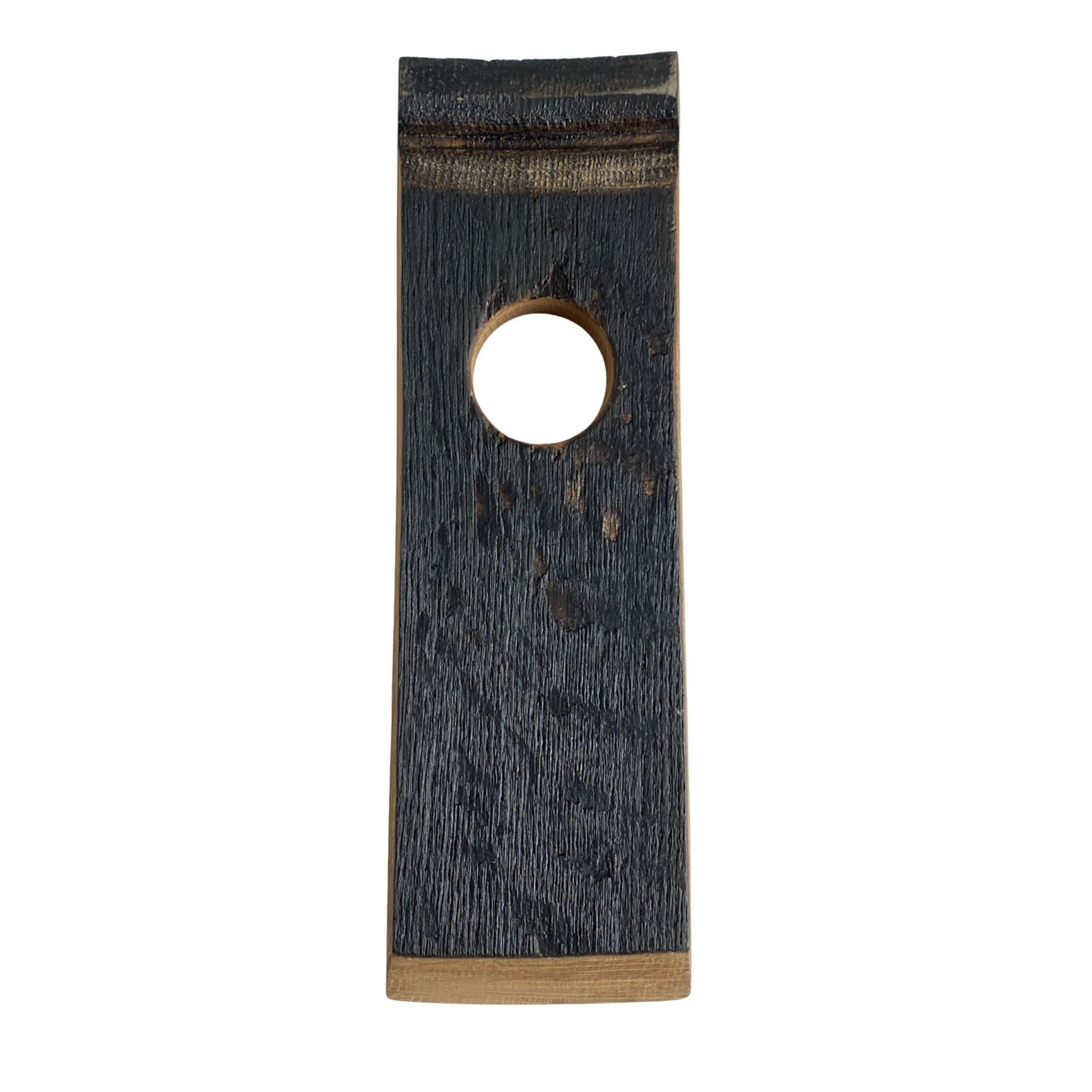 Barrel stave floating wine bottle holder, charred timber back view