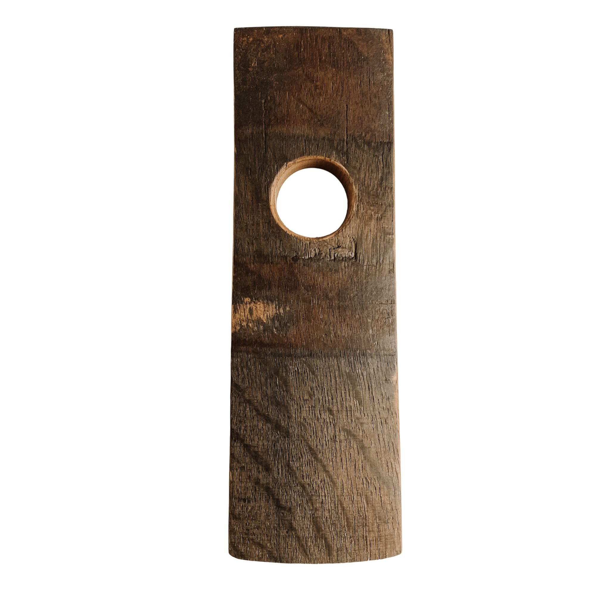 Barrel stave floating wine bottle holder, front view