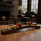 Barrel stave Whiskey flight with 4 glasses of whiskey in a whiskey lounge