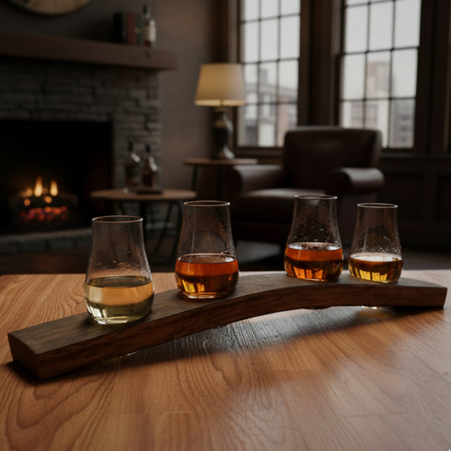 Barrel stave Whiskey flight with 4 glasses of whiskey in a whiskey lounge