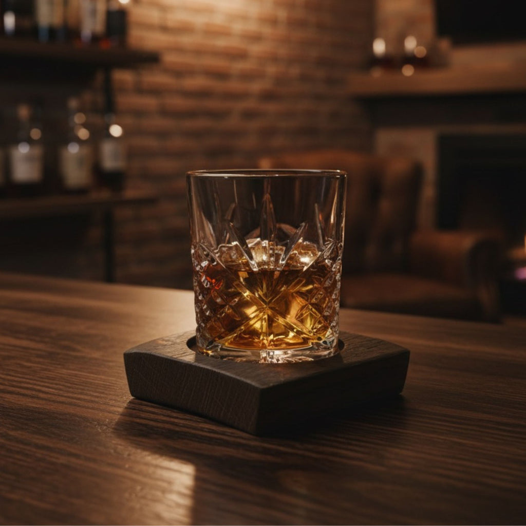 Barrel stave coaster with a glass of whisky on a table in a home bar