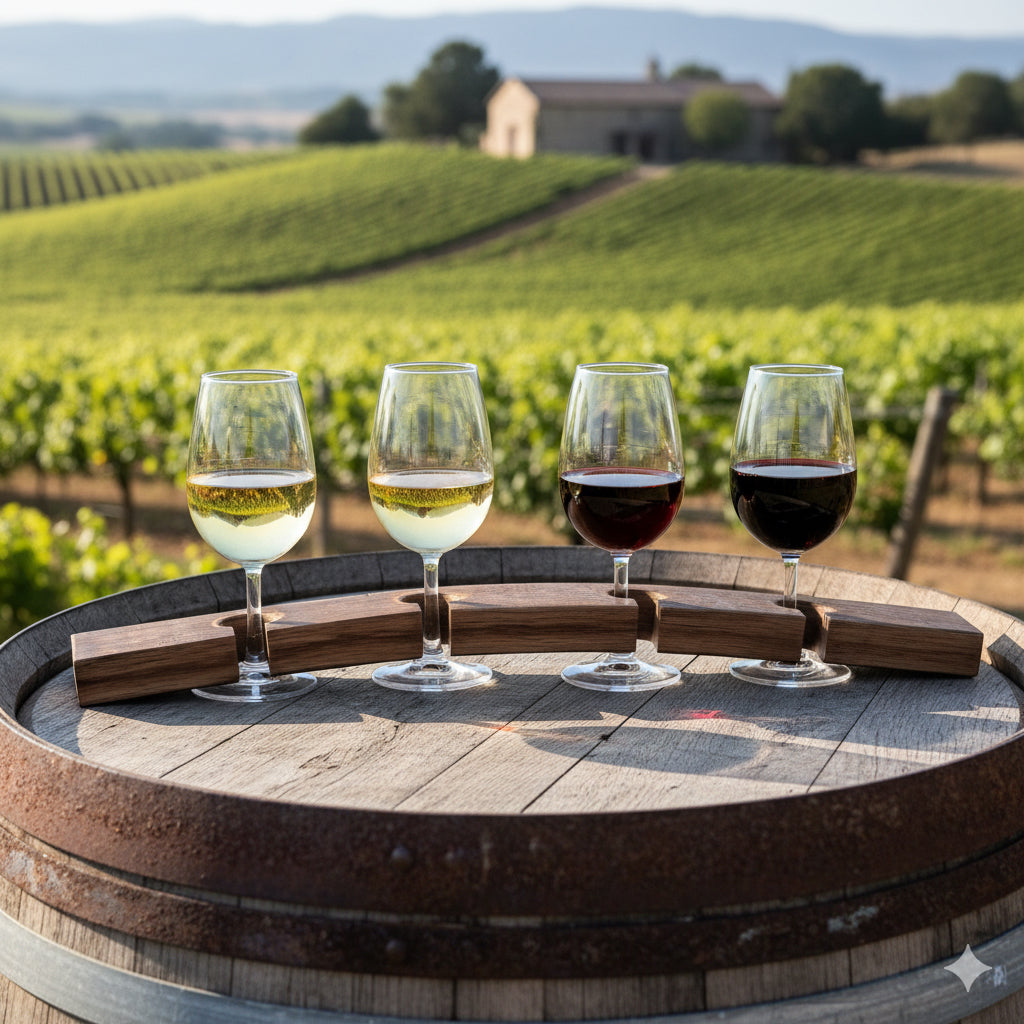 Barrel Stave wine flight with 4 wine glasses with different types of wine on a wooden barrel in a vineyard setting.