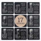 A 3x5 grid of 15 beer-themed square coaster designs arranged around a central beige circle that reads “17 DESIGNS.” Each coaster features a different beer style (Kölsch, Pale Ale, Pilsner, Stout, Wheat Beer, Porter) with illustrated beer glasses, hops, malt, and descriptive text on a dark charcoal background.