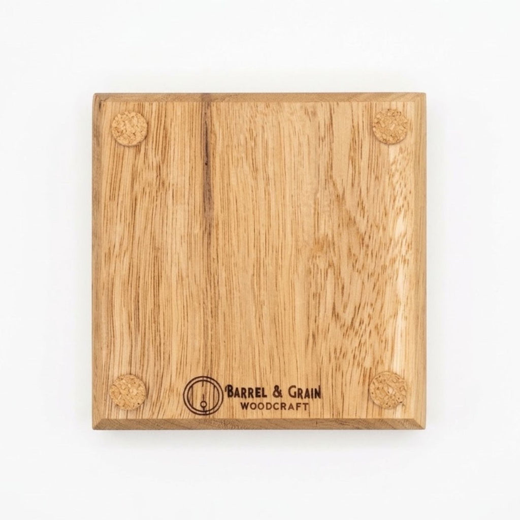 Underside of blackbutt hardwood coaster showing non-slip cork feet