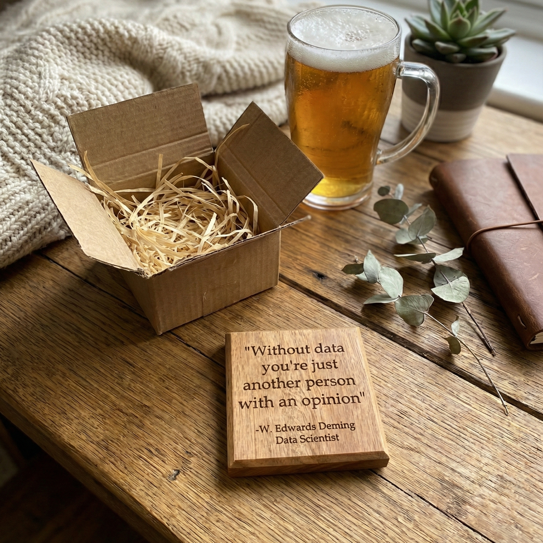 Custom engraved coaster on wooden table with box, pint of eer and notebook
