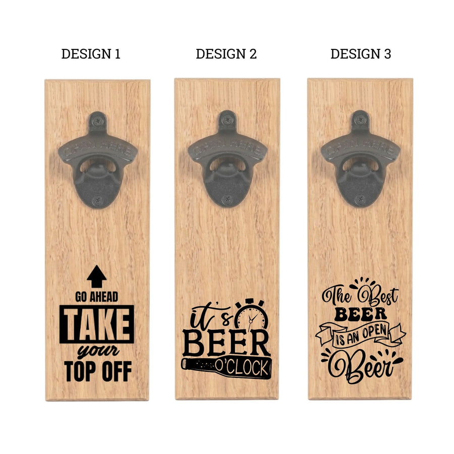 Engraving design options 1 to 3 for hardwood wall-mounted bottle opener