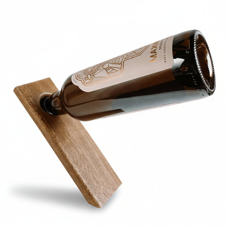 Floating wine bottle on a wooden holder with a white background