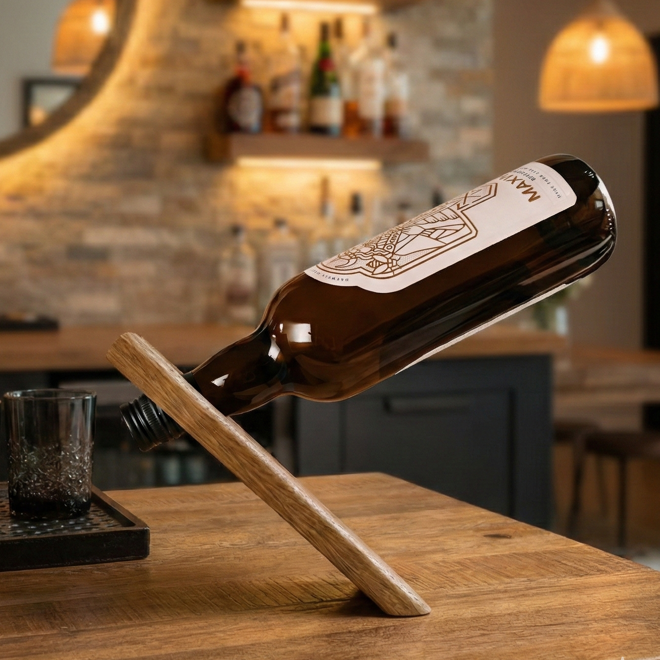 Bottle of wine on a timber stand on wooden table with glasses in a bar setting.