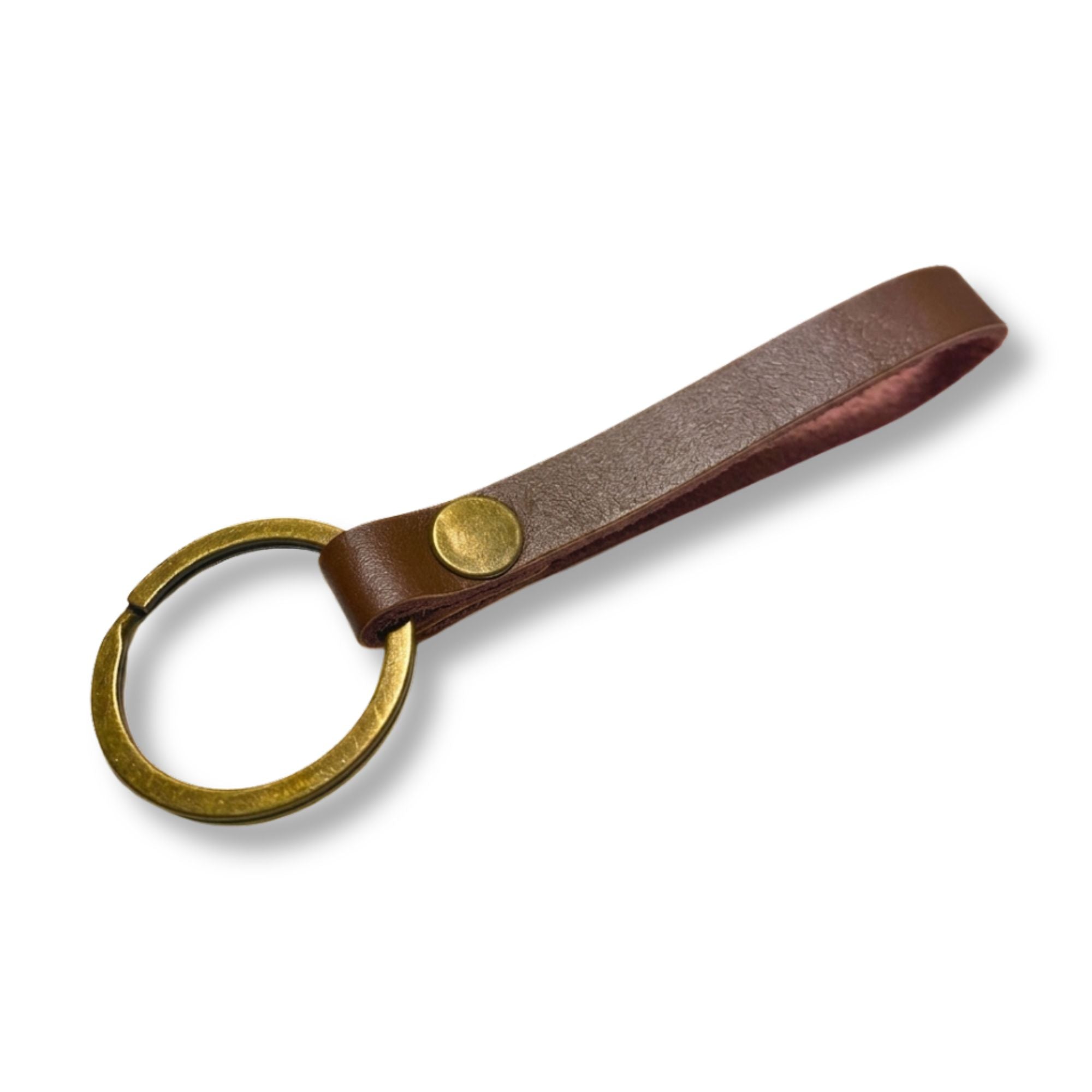Personalised genuine leather keyring with a solid metal ring, unengraved, on a white background