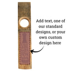 Floating wine bottle holder showing optional engraving area