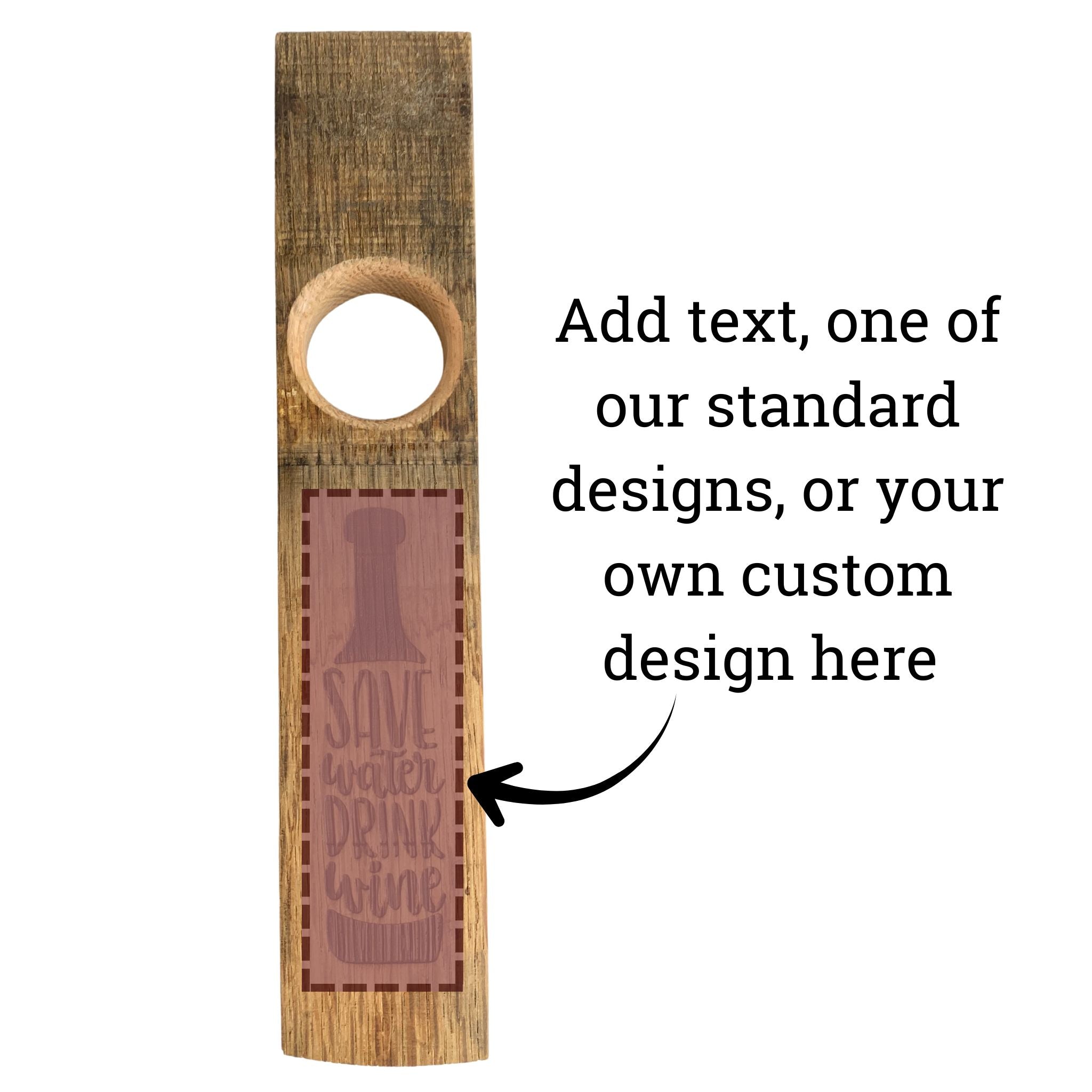 Floating wine bottle holder showing optional engraving area