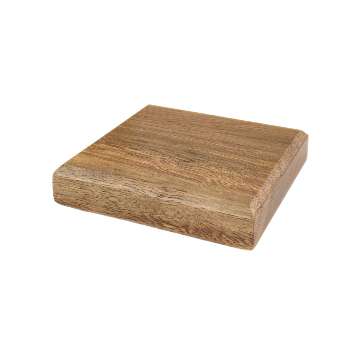 Side view of spotted gum hardwood coaster showing chamfered top and bottom edges
