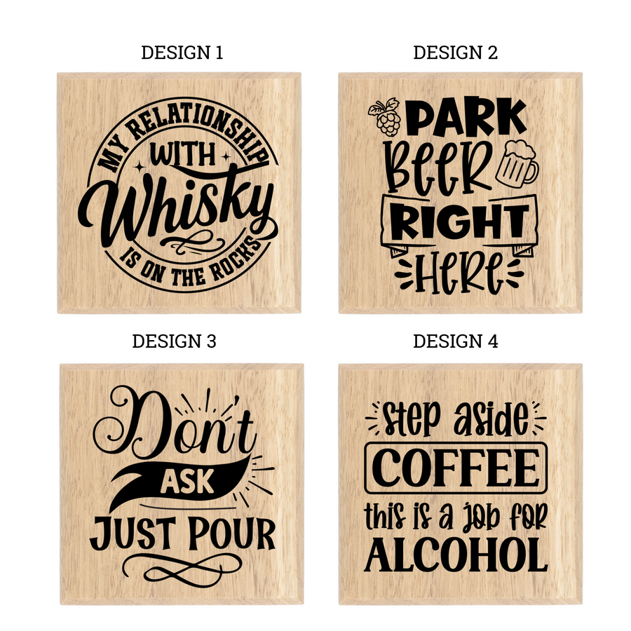 Standard engraving design options 1 to 4 for hardwood coasters