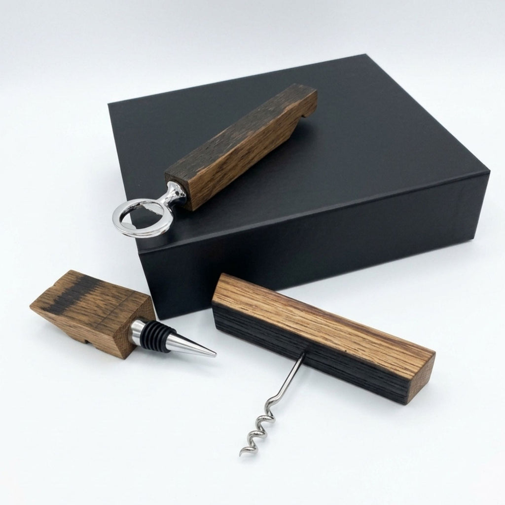 Barrel Stave Bar Tool Trio Gift Set — Bottle Opener, Corkscrew & Stopper