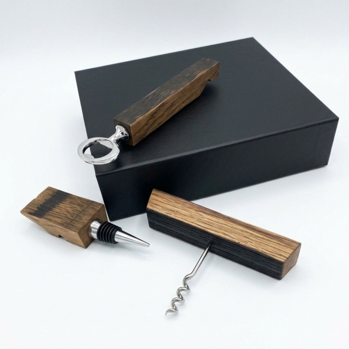 Barrel Stave Bar Tool Trio Gift Set — Bottle Opener, Corkscrew & Stopper