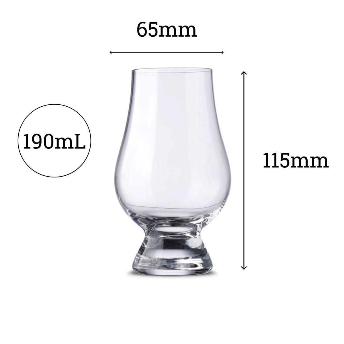 Glencairn whisky glass dimensions — 190ml, 115mm height, 65mm diameter