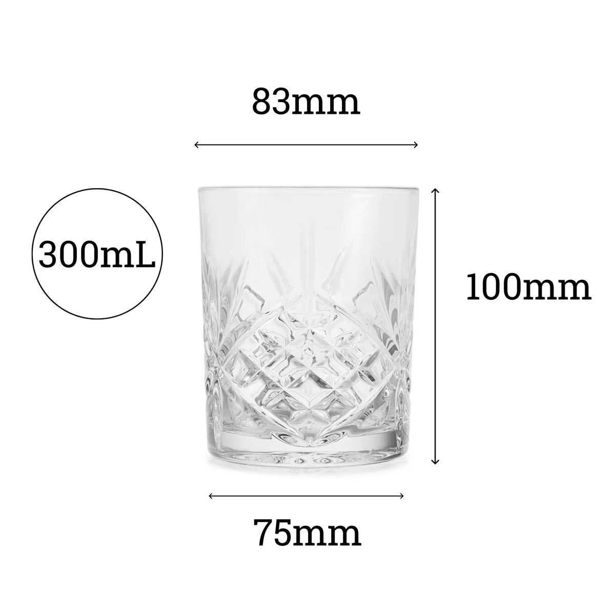 Rocks glass dimensions — 300ml tumbler, 100mm height, 83mm diameter