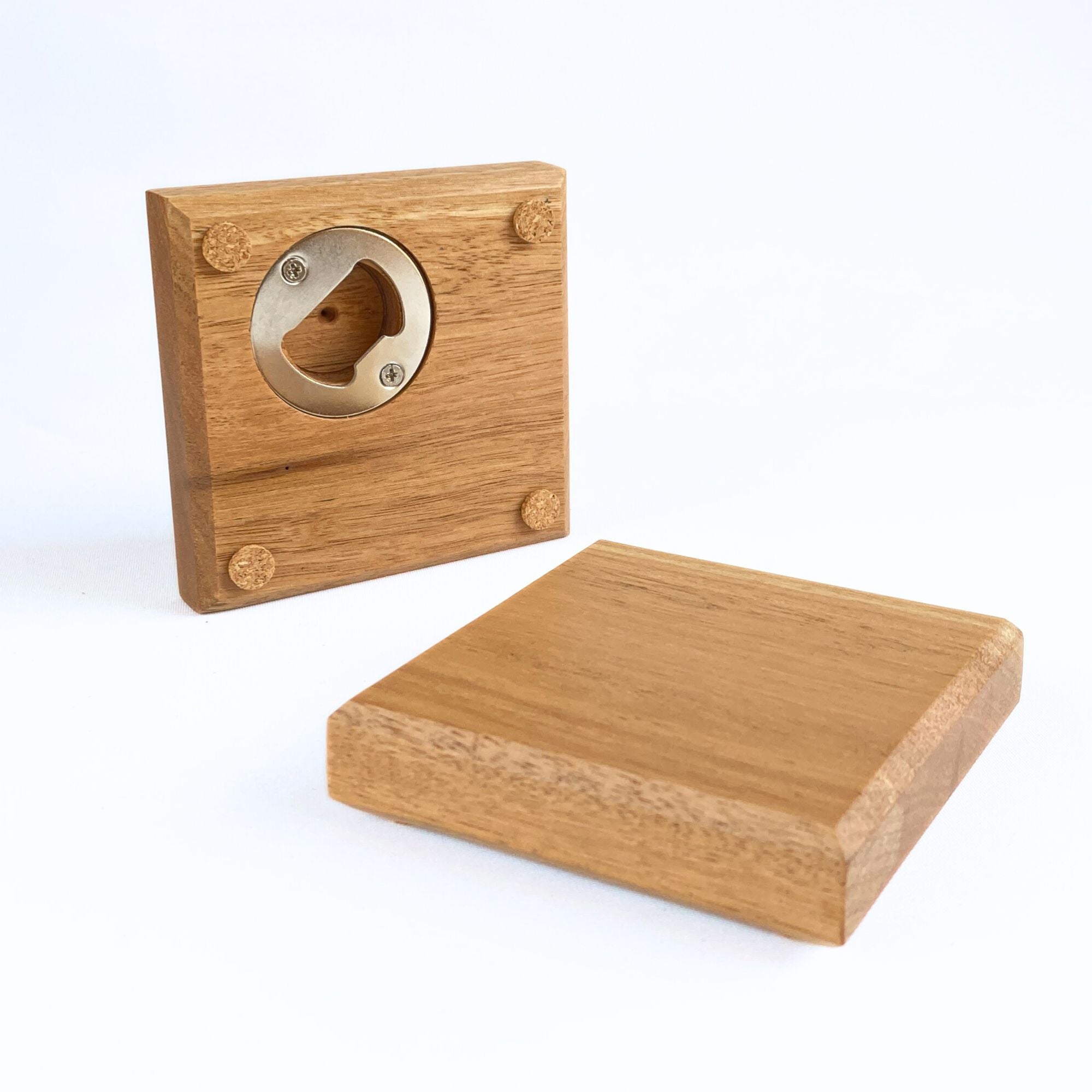 Hardwood coaster with built-in bottle opener - White Mahogany