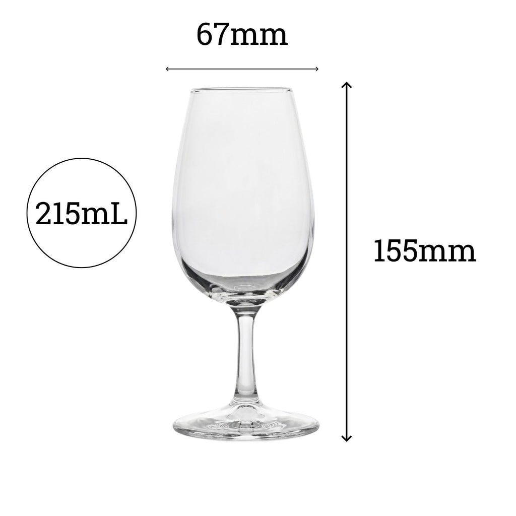 Wine tasting glass dimensions — 215ml Pasabahce wine taster, 155mm height