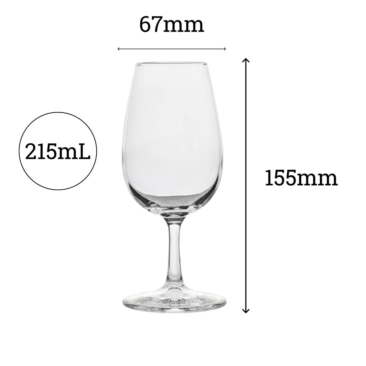 Wine tasting glass dimensions — 215ml Pasabahce wine taster, 155mm height