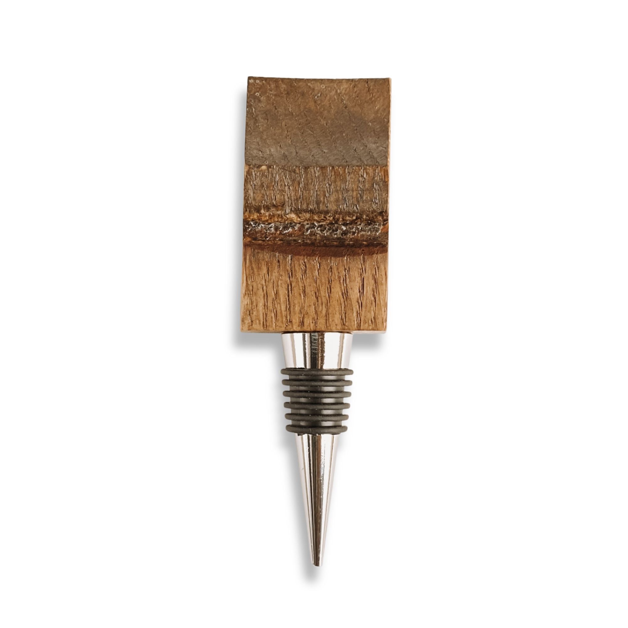 Barrel stave wine bottle stopper, back view showing charred oak
