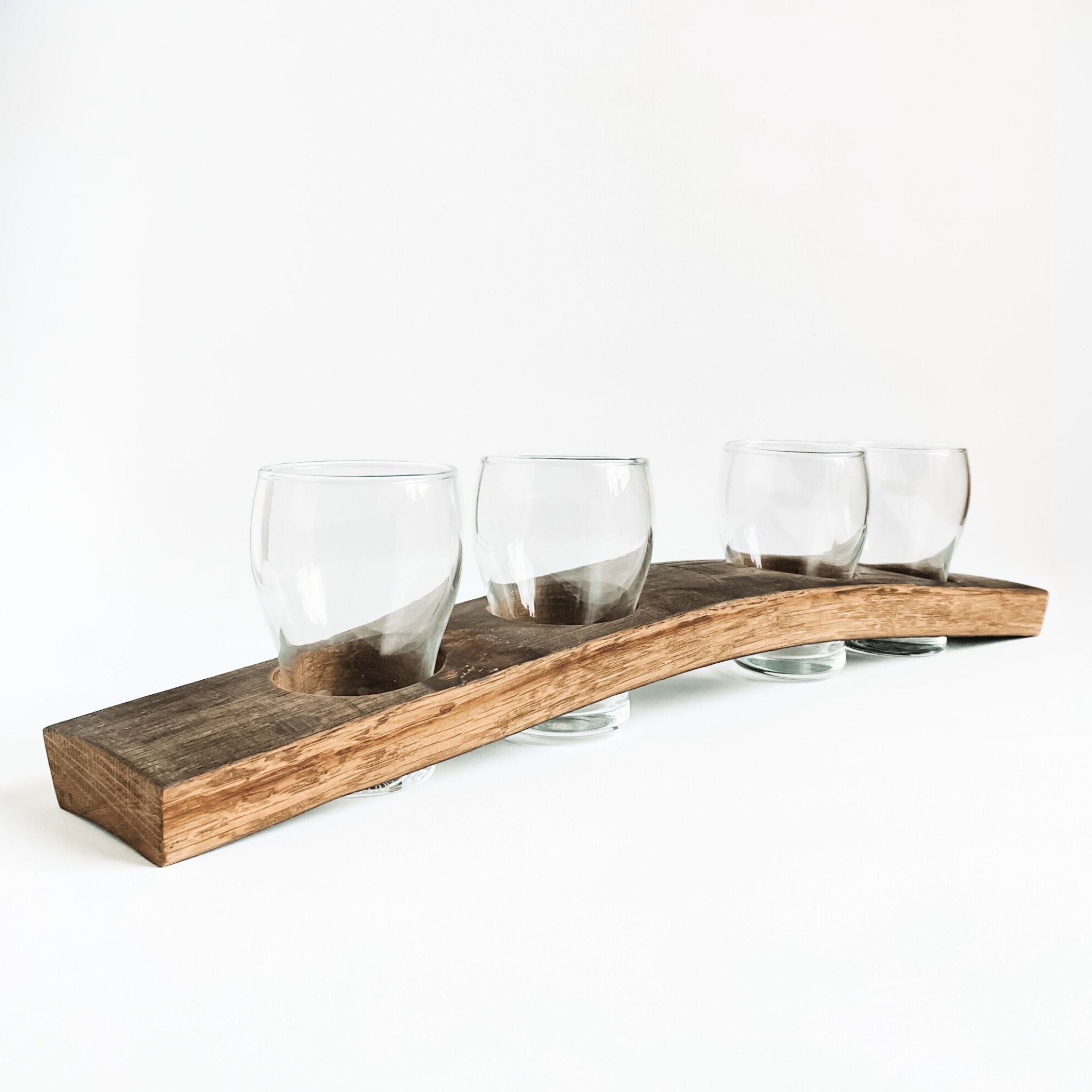 Barrel Stave beer flight tasting board with 4 beer tasting glasses