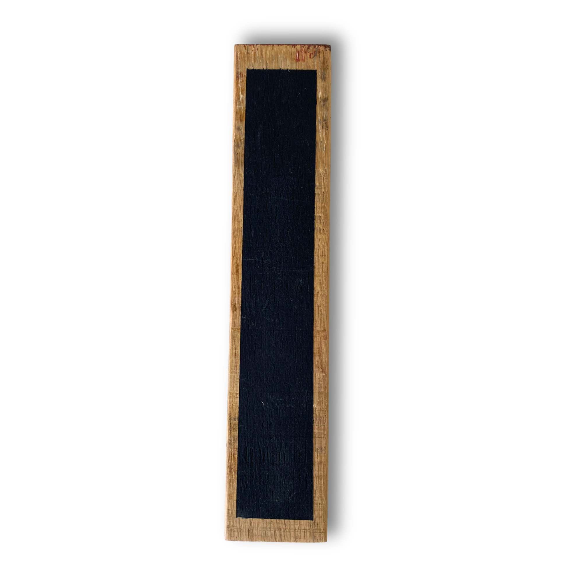 Front view of a reclaimed oak barrel stave beer tap handle with matte black chalkboard face