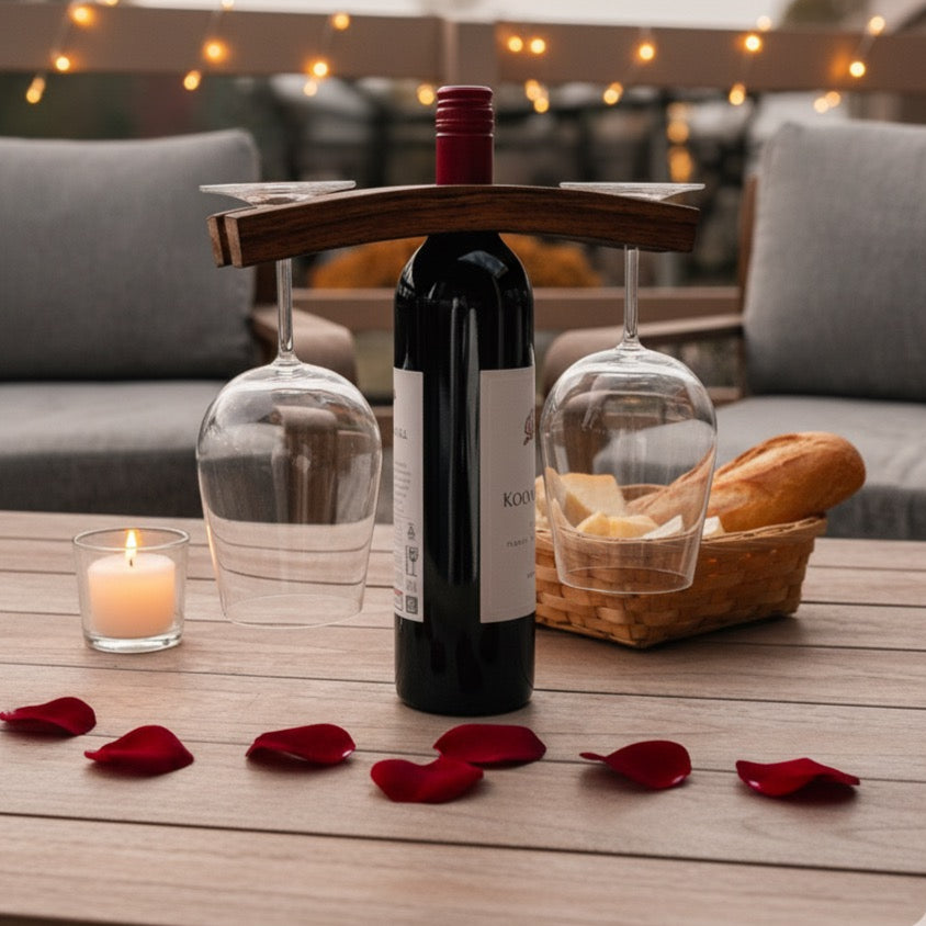 Barrel Stave wine caddy with wine bottle with glasses on a wooden outdoor table with candles and bread basket
