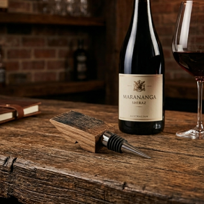 Wine bottle stopper on wooden bar next to wine bottle