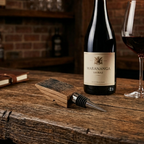 Wine bottle stopper on wooden bar next to wine bottle