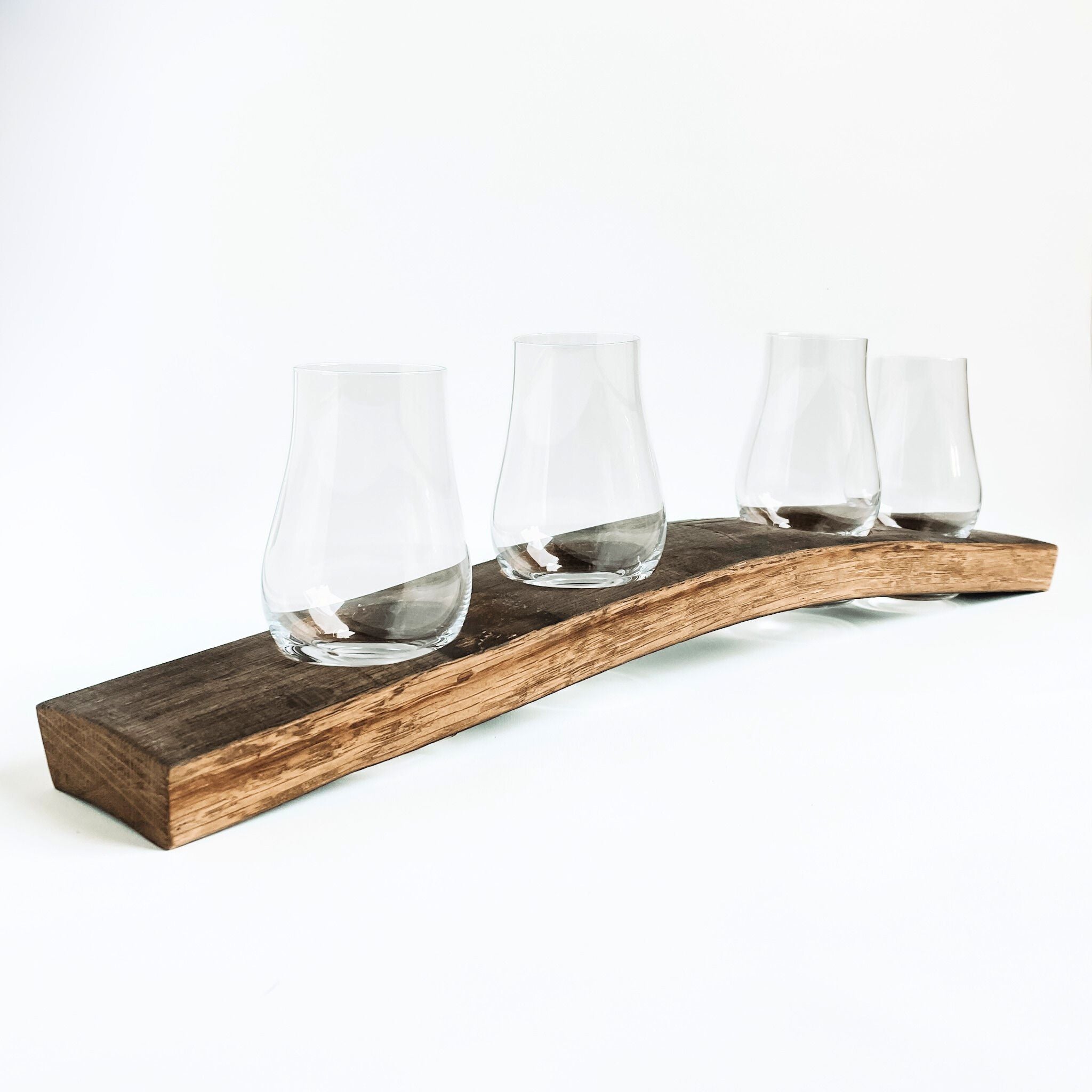 Barrel Stave whiskey flight tasting board with 4 Glencairn whiskey glasses